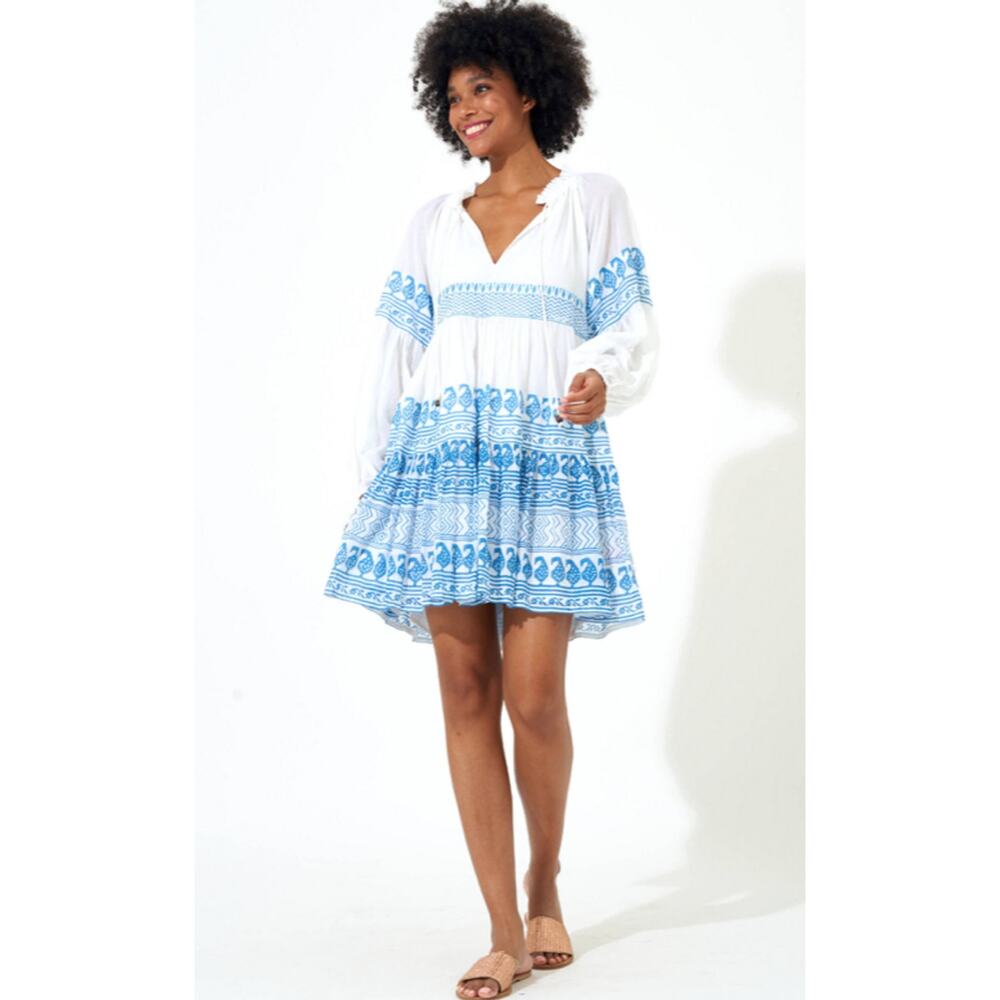 Oliphant White Mini Dress with Blue Embroidered Trim